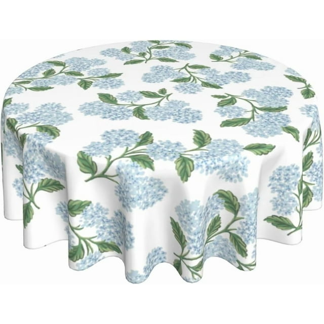 Spring Floral Tablecloth Round 60 Inch Blue Hydrangea Flower Table Cloth Polyester Fabric Vintage Summer Flowers Table Cover for Kitchen Holiday Party Dining Picnic Outdoor Decor