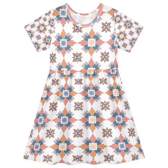 FORMRS Girls Short Sleeve Dress Summer Casual Round Neck A-line Beach Sundress, Sizes 2T-8T, Blue Abstract Pattern