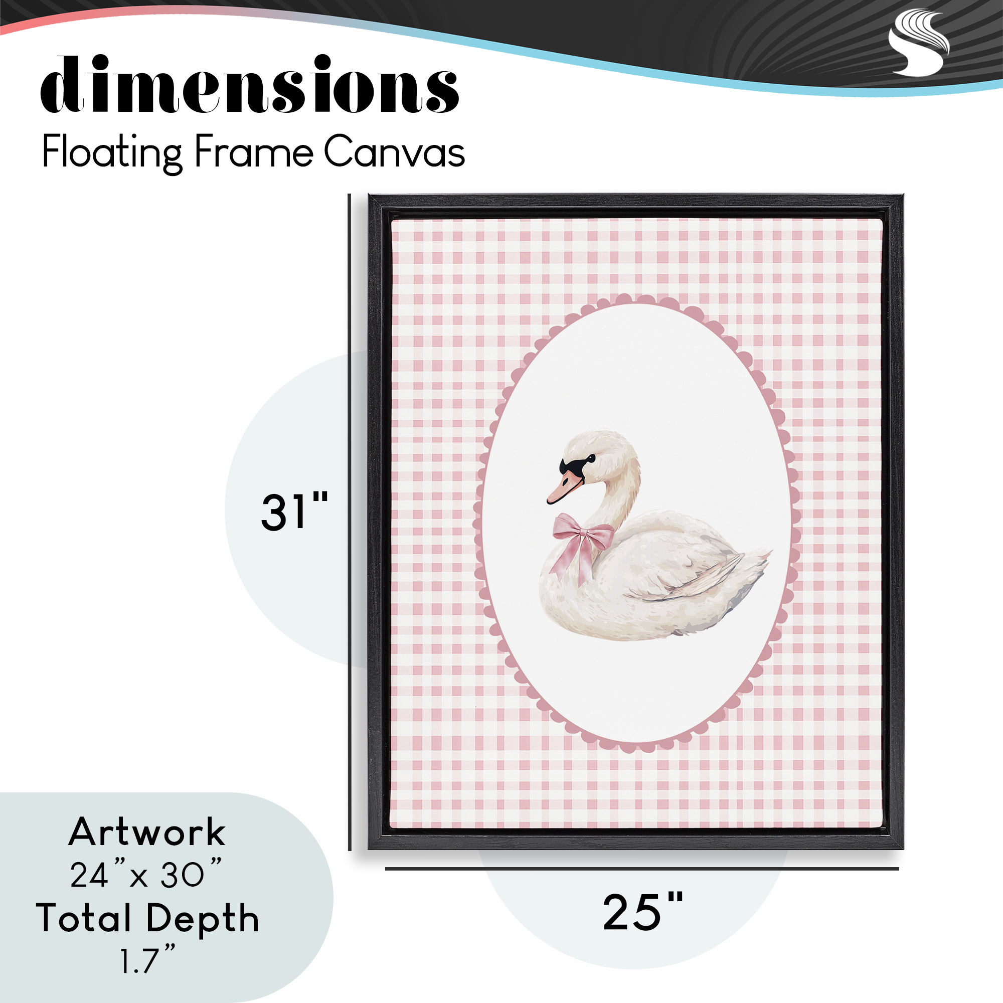 Gentle Swan on Pink Checkered Black Framed Floater Canvas Wall Art, design by Christine Simpson Art