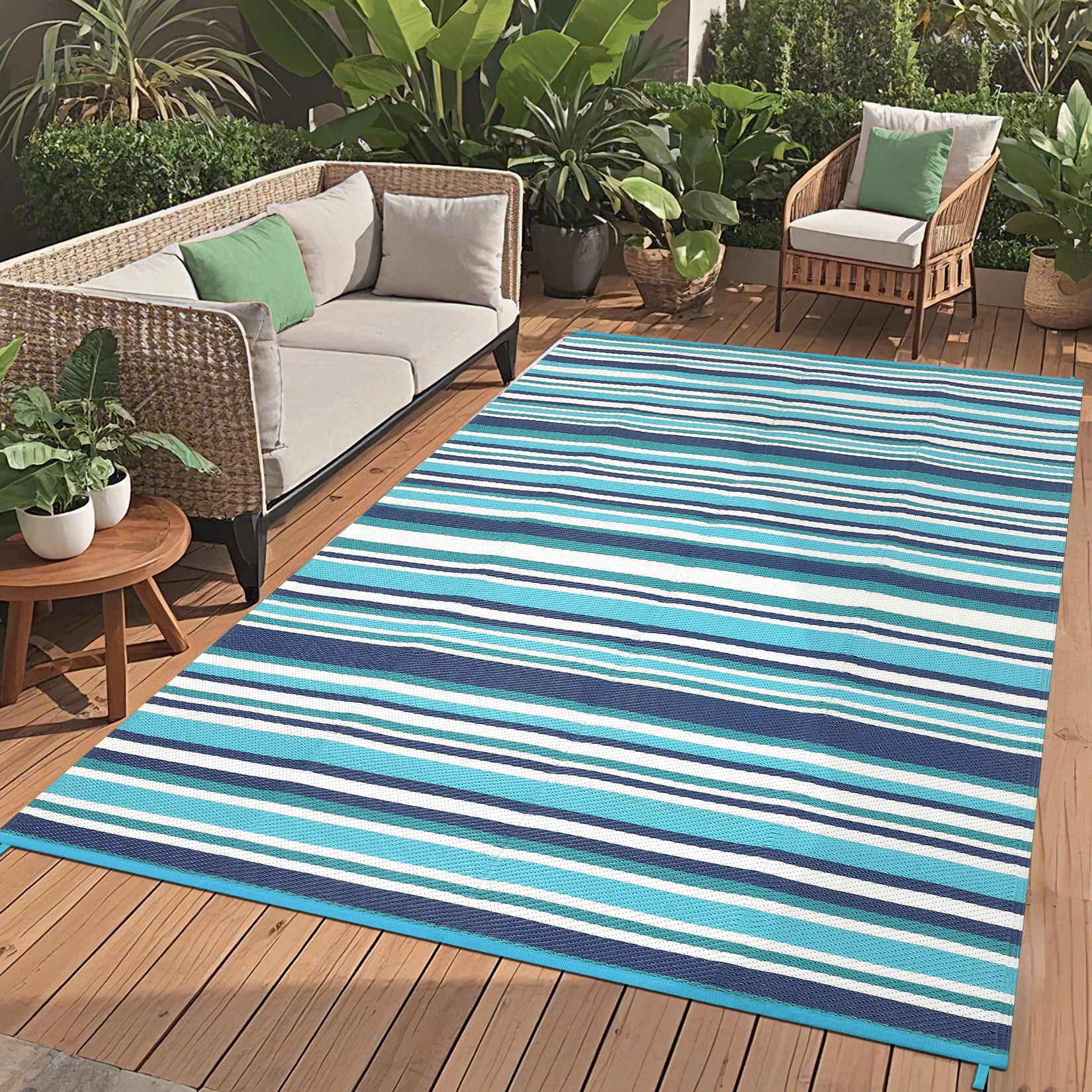 Nanan 9x18 Waterproof Outdoor Patio Rug, Reversible Plastic Straw Mat, Modern Striped Patio Carpet for RV, Camping, Balcony, Poolside & Garden, Blue/Multi