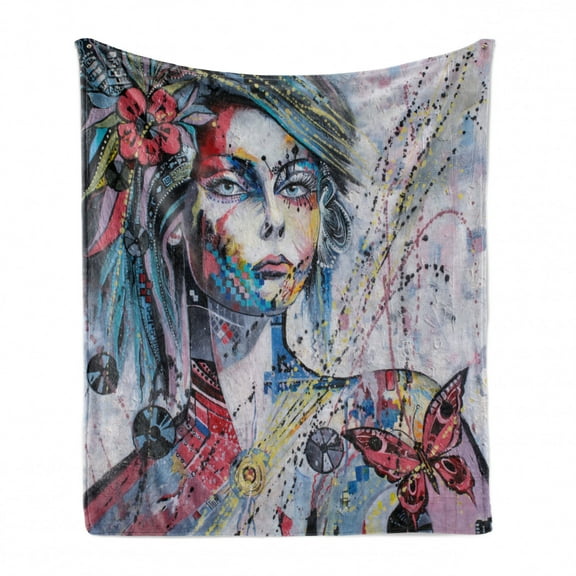 Art Soft Flannel Fleece Blanket, Fantasy Portrait of a Girl with Floral and Geometric Details Butterflies Color Splashes, Cozy Plush for Indoor and Outdoor Use, 50" x 70", Multicolor, by Ambesonne