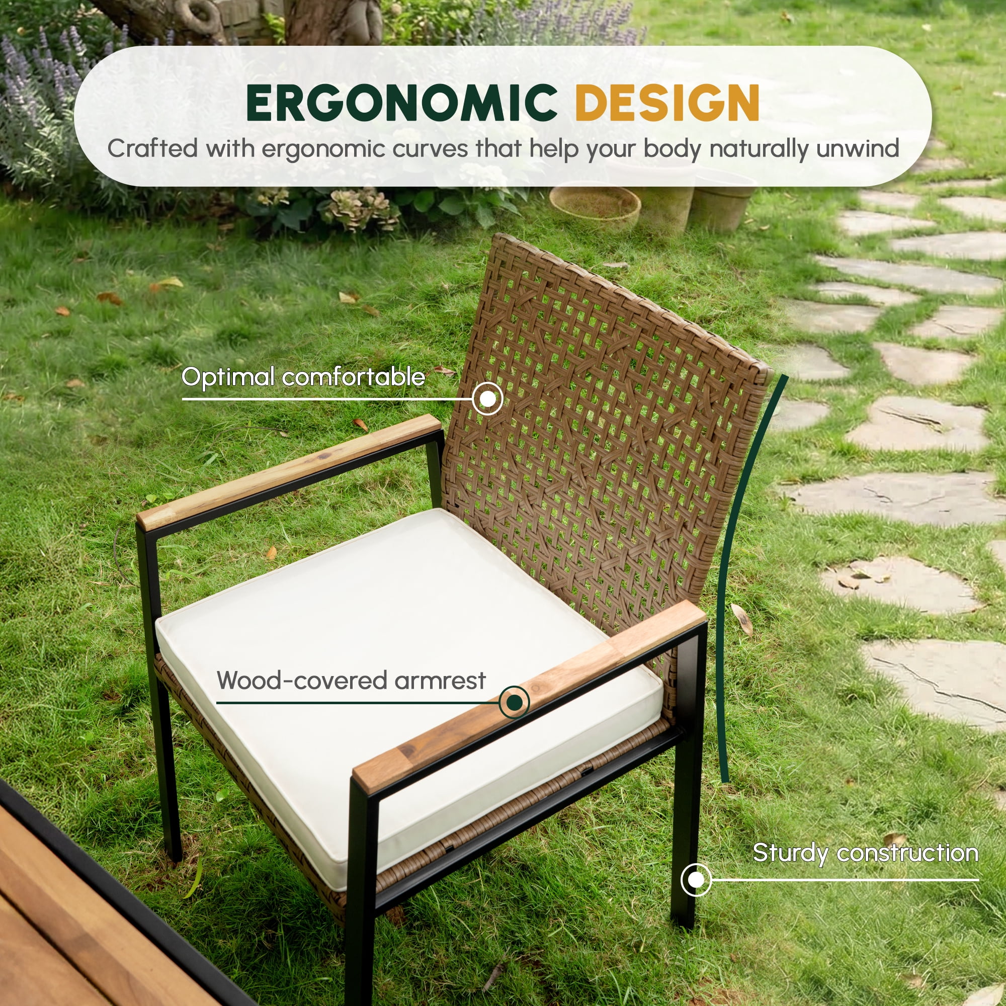 Leumius 5 Piece Patio Dining Set,All Weather Outdoor Dining Table Set with 4 Cushion Chairs,Patio Conversation Set with Acacia Wood Table Top and Umbrella Hole,Yellow