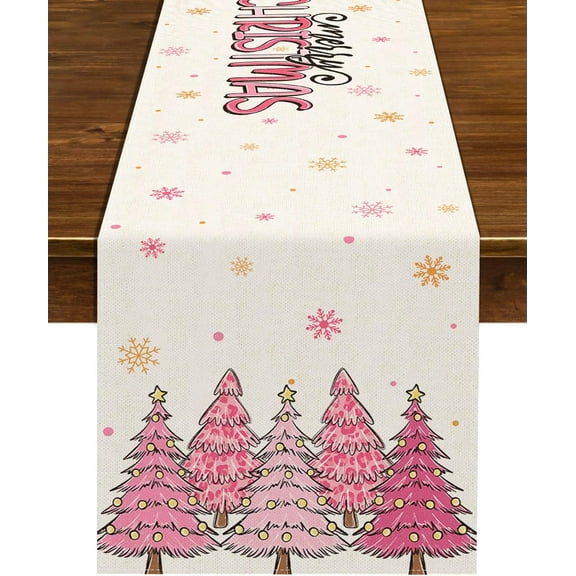 Pink Christmas Table Runner Merry Xmas Tree Winter Holiday Party Decoration Seasonal Home Kitchen Dining Room Island Decor (13.8" x 71")