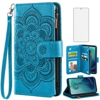Asuwish Compatible with Motorola Moto G 5G 2024 Wallet Phone Case and Tempered Glass Screen Protector Flower Faux Leather Flip Credit Card Holder Stand Zipper Cell Cover for G5G 5 G G5 Women Blue
