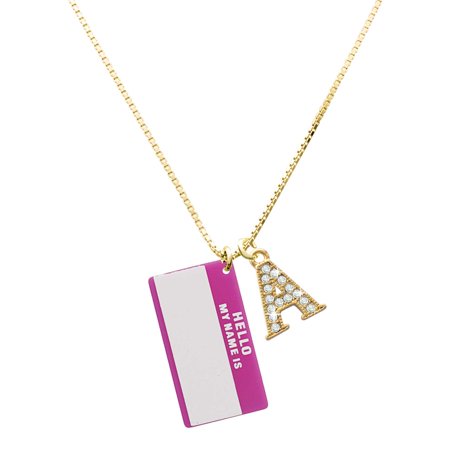 Delight Jewelry Acrylic Pink "Hello" Name Tag - Large Goldtone Crystal Initial - A - Charm Necklace, 17.5"+2"