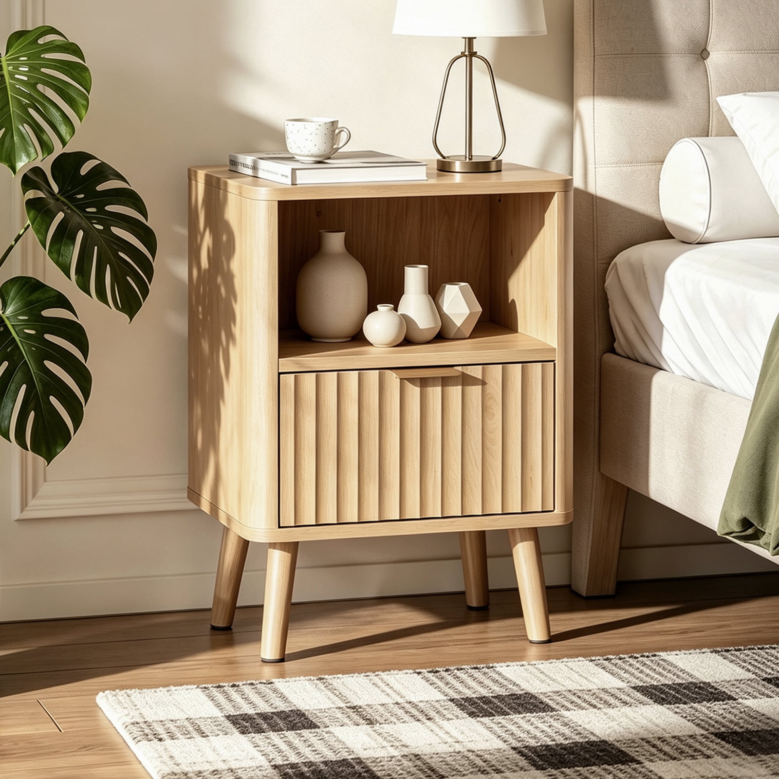 Ktaxon Fluted Nightstand with 1 Drawer, End Table Wooden Bedside Table Large Capacity Easy to Assemble, Oak
