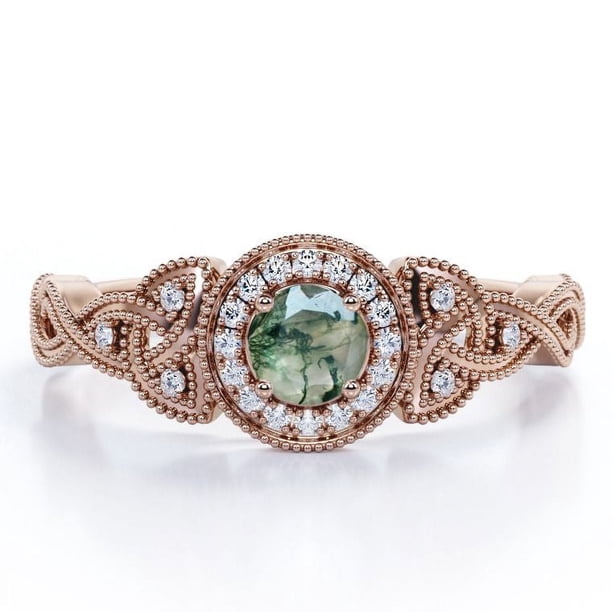 Anillo de compromiso JeenMata Art Deco 0,58 ct Ágata Verde Musgo Corte Redondo y Halo Moissanita en Baño Oro Rosa 18 K sobre Plata