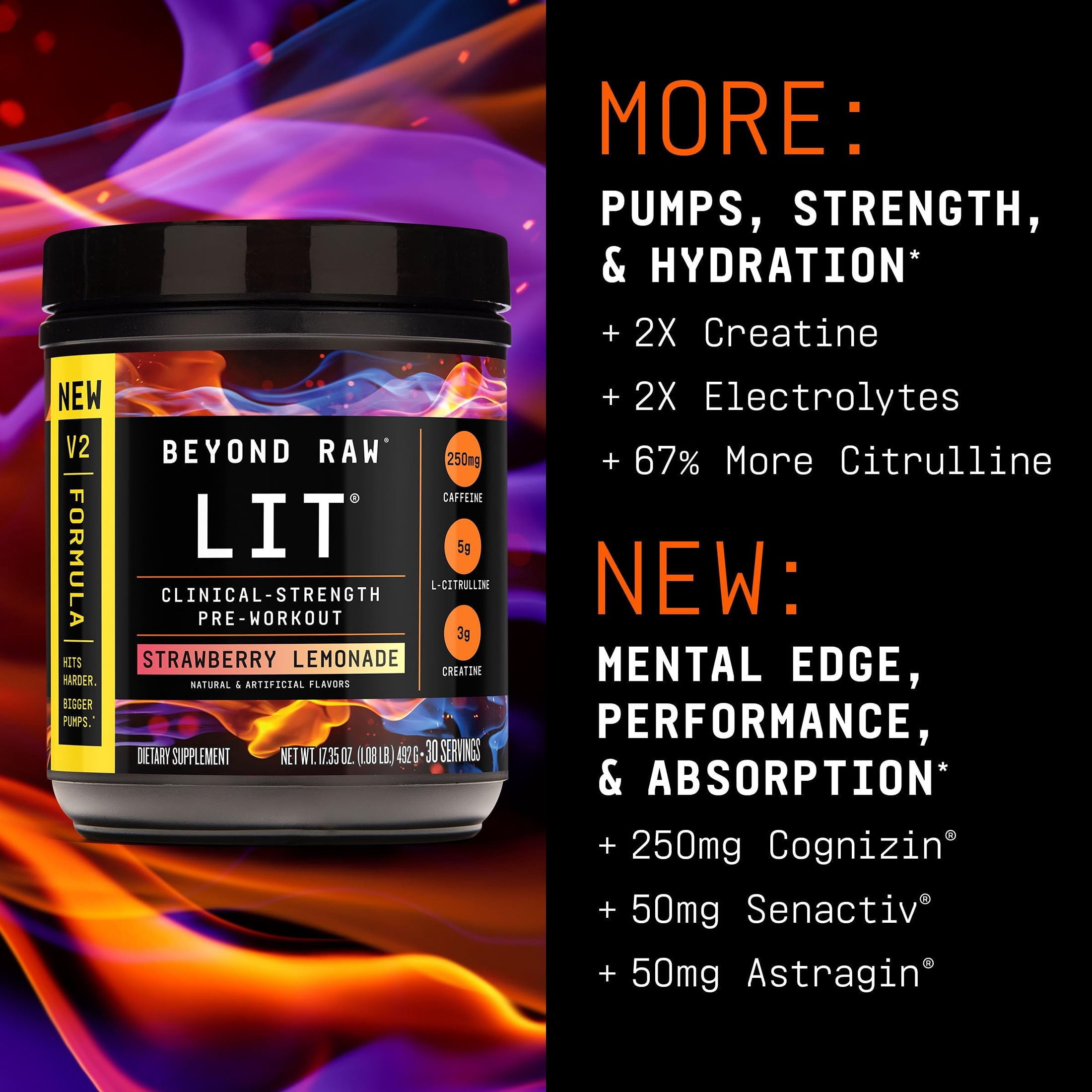 BEYOND RAW LIT V2 Clinical Strength Pre Workout Powder, Hits Harder, Bigger Pumps, Caffeine, L-Citrulline, Creatine, Strawberry Lemonade, 30 Servings