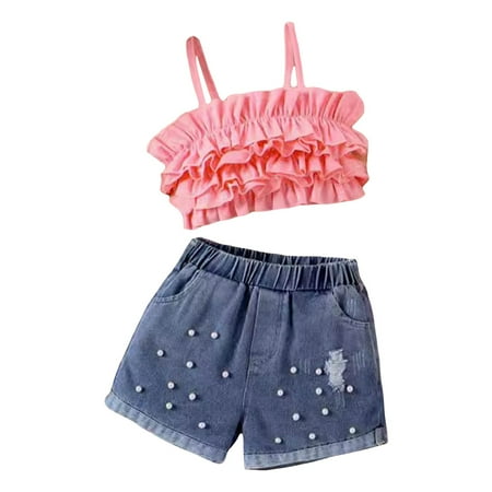 eczipvz Toddler Girls Summer Clothes 4-7Y Outfits Ruffle Camisole Tops and Casual Shorts Little Girl Clothing Pink 5-6 Years