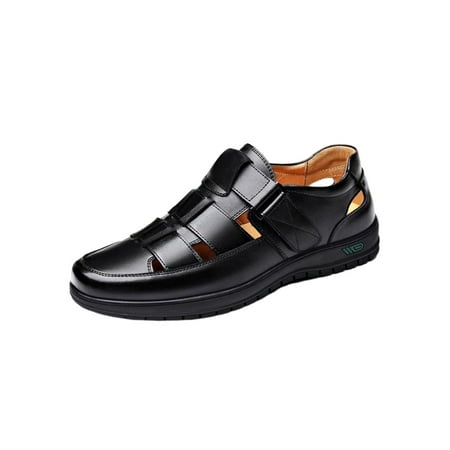 

SIMANLAN Men Business Sandals Summer Flats Hollow Out Leather Shoes Driving Comfortable Casual Sandal Formal Closed Toe Black 8.5