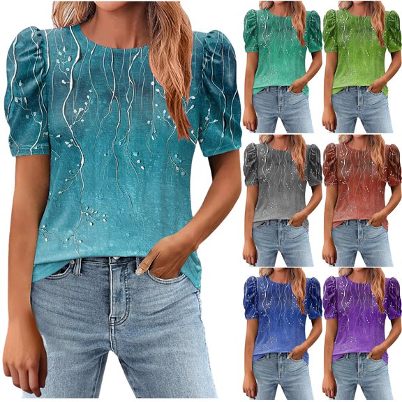 Jsaierl Tops for Women Short Sleeve Casual Vacation Shirts Crewneck Classic Tunic Blouses Trendy Print T-shirts Top S-2XL