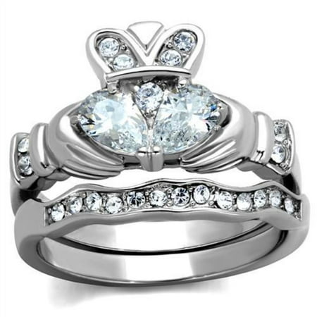 Luxe Jewelry Designs 2-Piece Women s Stainless Steel Wedding Claddagh Ring Set with CZ Stones Size