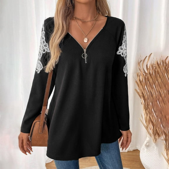 Contemporary Women's Fashion Plus Size Women's Fashion Loose Long Sleeve Pullover V-Neck Long Loose Lace Solid Color Blouse T-Shirt Tops