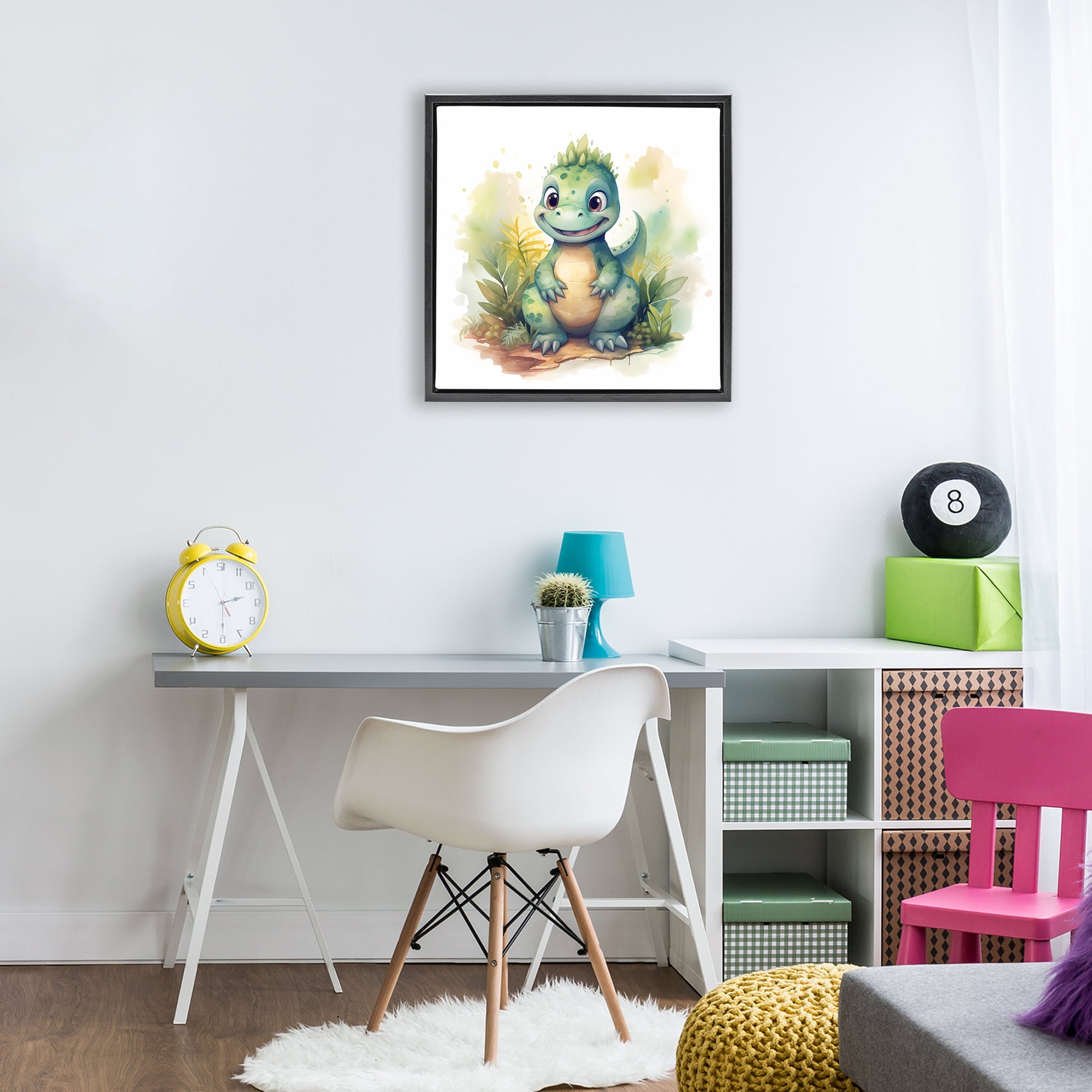 Stupell Industries Crafty Smiling Dinosaur Black Framed Floater Canvas Wall Art, design by Steve Hunziker