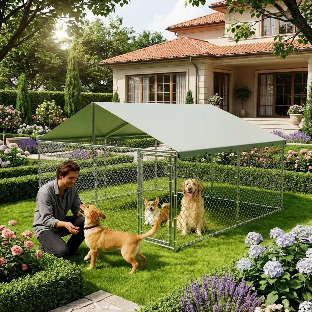 QinaQin 10x10x6Ft Large Outdoor Dog Kennel,Heavy Duty Dog Kennel with Waterproof Roof & Door Lock,Reinforced Galvanized Steel,Metal Large Dogs Cage for Backyard,Silver