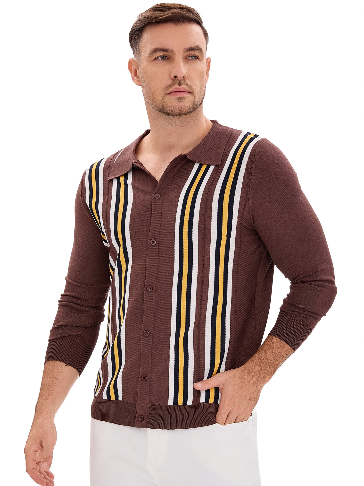 DARING DIVA Men's Long Sleeves Button Down Printing Knitted Polo Shirts 2XL Brown