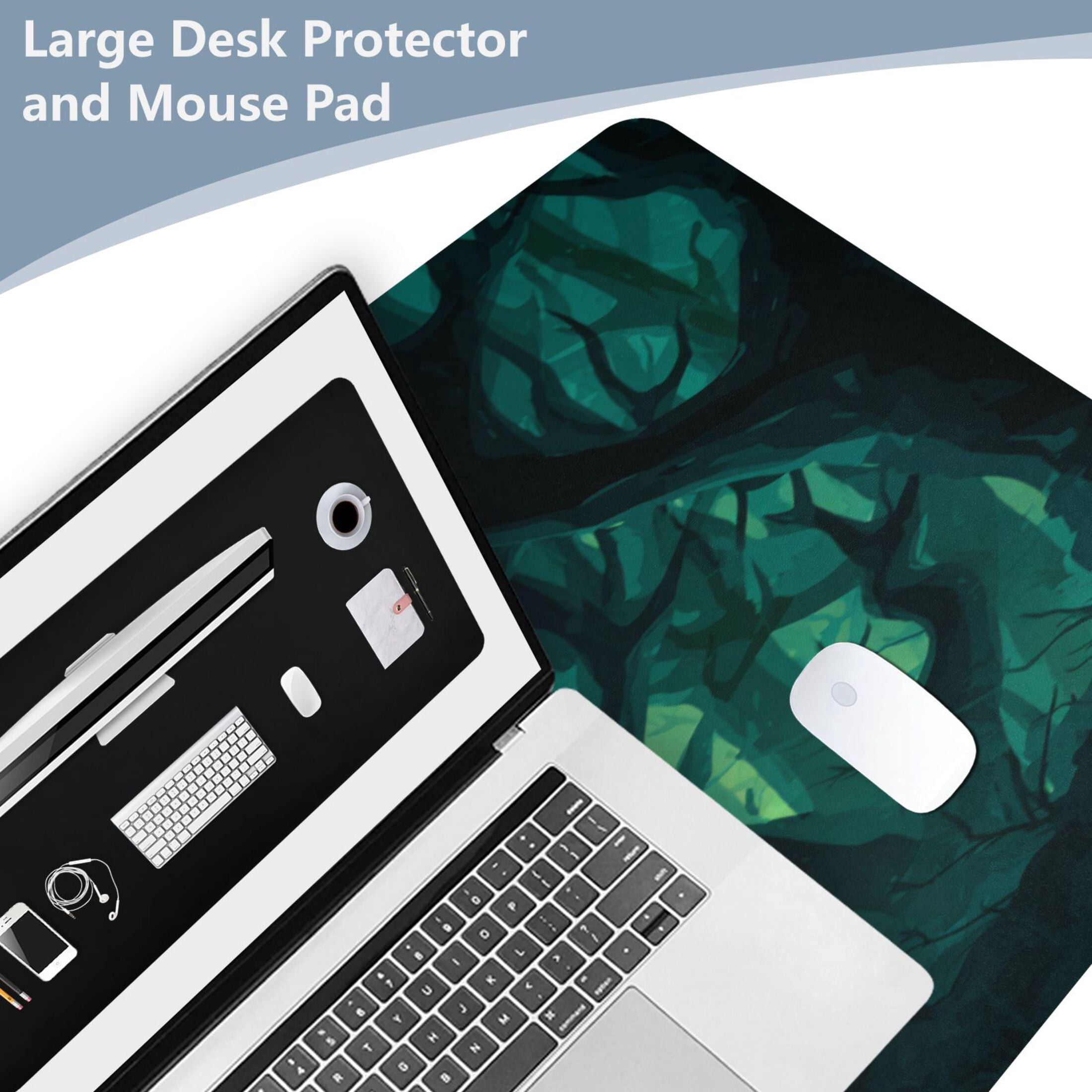 Leather Keyboard and Mouse Desk Mat Office Desk Accessories Protective Office Desk Decor Desk Pad Mat for Gaming, Work from Home, Office Dark Forest with Green Eyes 23.6" x 47.2"