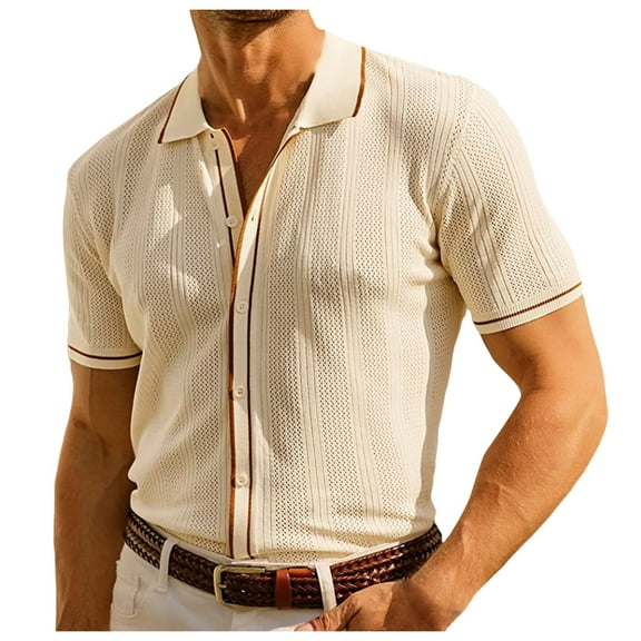 WREESH Men's Trendy Button Down Shirts Short Sleeve, Turn-Down Collar, Knitted Thin Shirt with Solid Print, Perfect for Casual Wear Beige