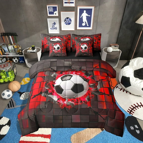 Erosebridal Soccer Bedding Sets Twin Size,Rectangle Geometric Comforter Sets with Sheets,Sports Room Decor,7-Piece