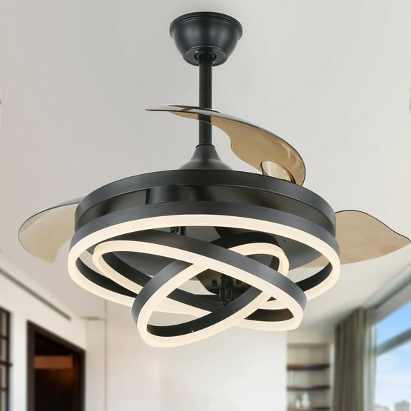 45W LED Retractable Ceiling Fan with Dimmable Remote Control, 42inch Black DIY Shape Reversible Ceiling Fan with 6-Speed and 3 Light Color