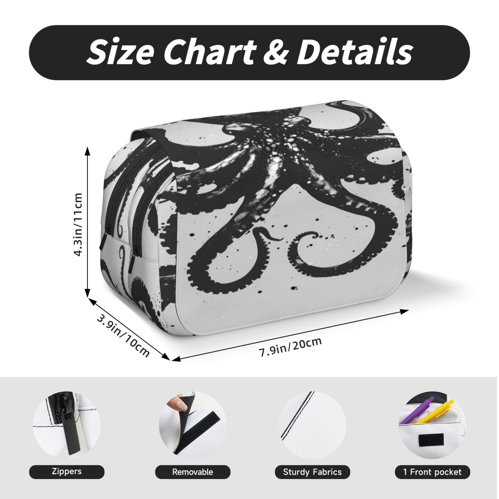 Rateoe Abstract Ink Octopus Pattern Double Clamshell Pen Case, Storage Organizer with Two Zipper Compartments– Holds Up to 50 Pencils & Pens