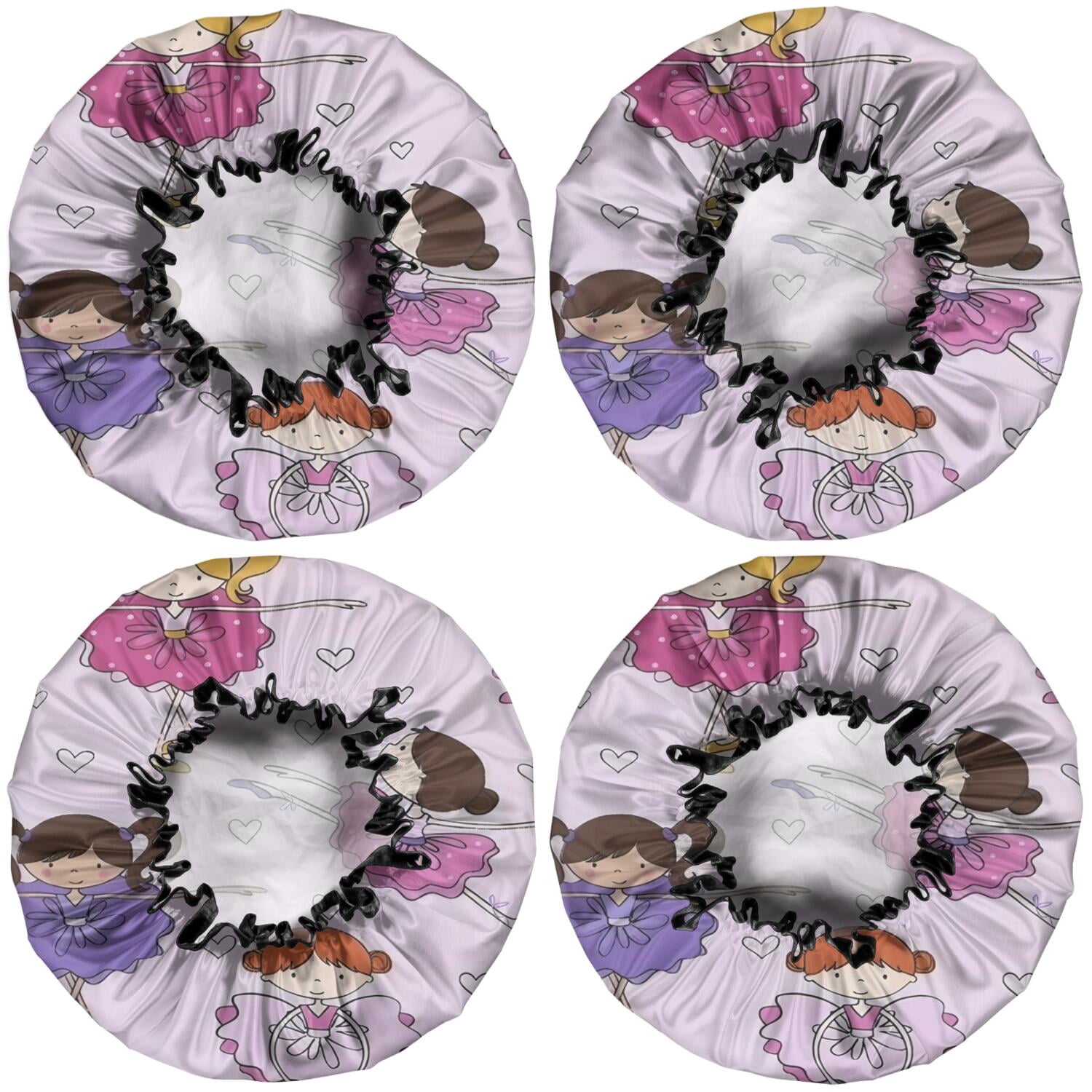 Shower Caps,Ballet Princess Girls Pattern Waterproof Shower Cap for Women 4 Pieces,Double Reusable Hair Cover for Shower PEVA Elastic Stretch Hem