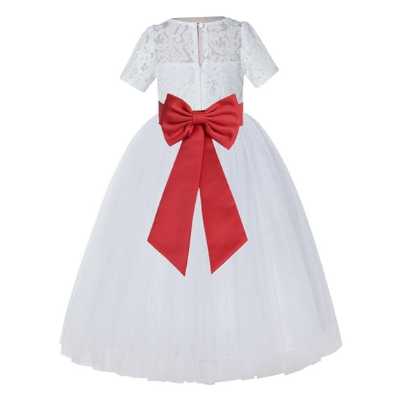 Ekidsbridal Girl Pageant Flower Girl Dress - White Lace Short Sleeve with Bow Sash LG2T-A (Size: 2-12)