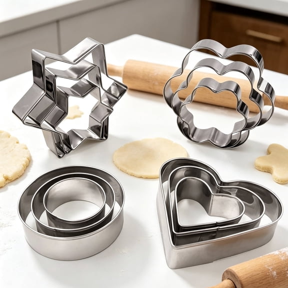 Stainless Steel Cookie Cutters Set, 12Pcs Heart Flower Round Star Shapes DIY Baking Molds