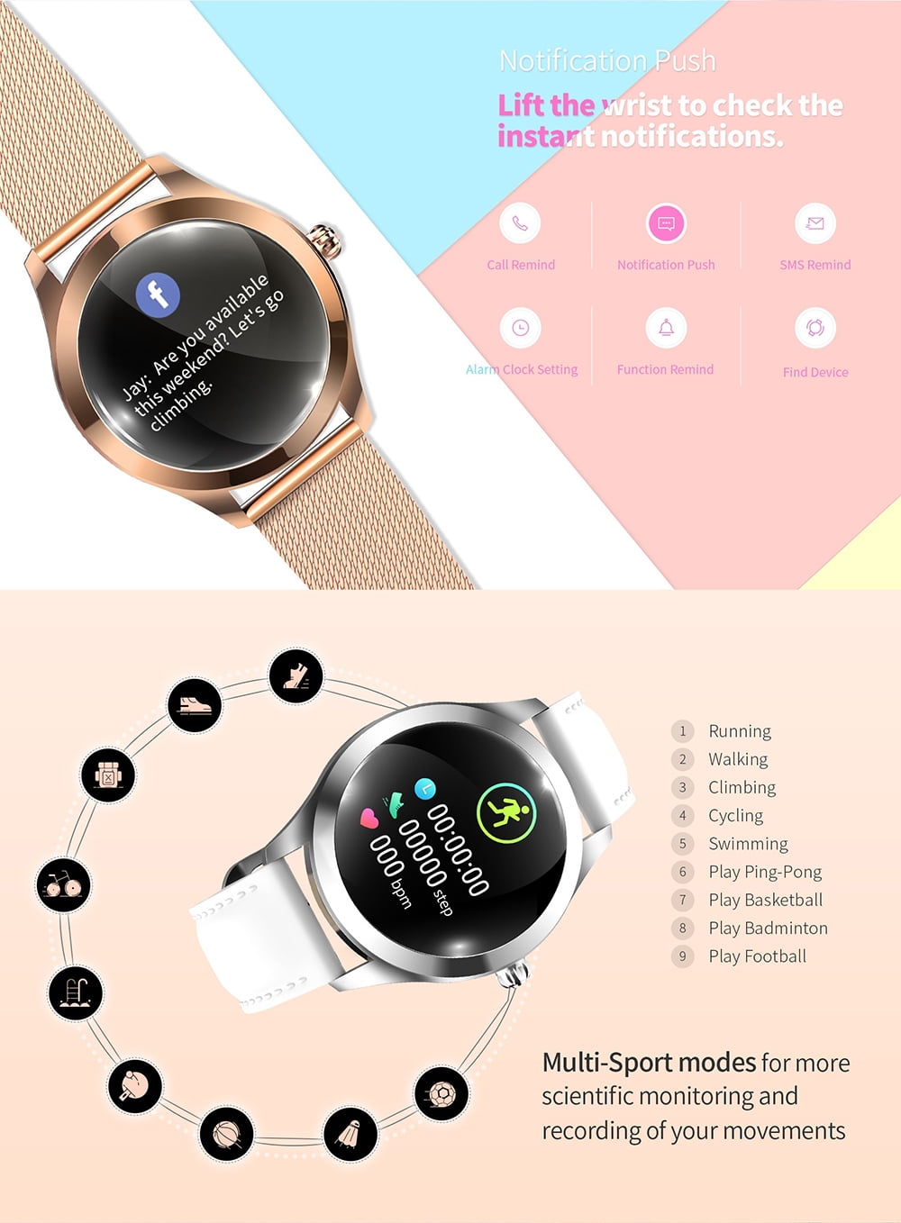 KINGWEAR KW10 Smart Watch Sportwatch Women IP68 Waterproof Heart Rate