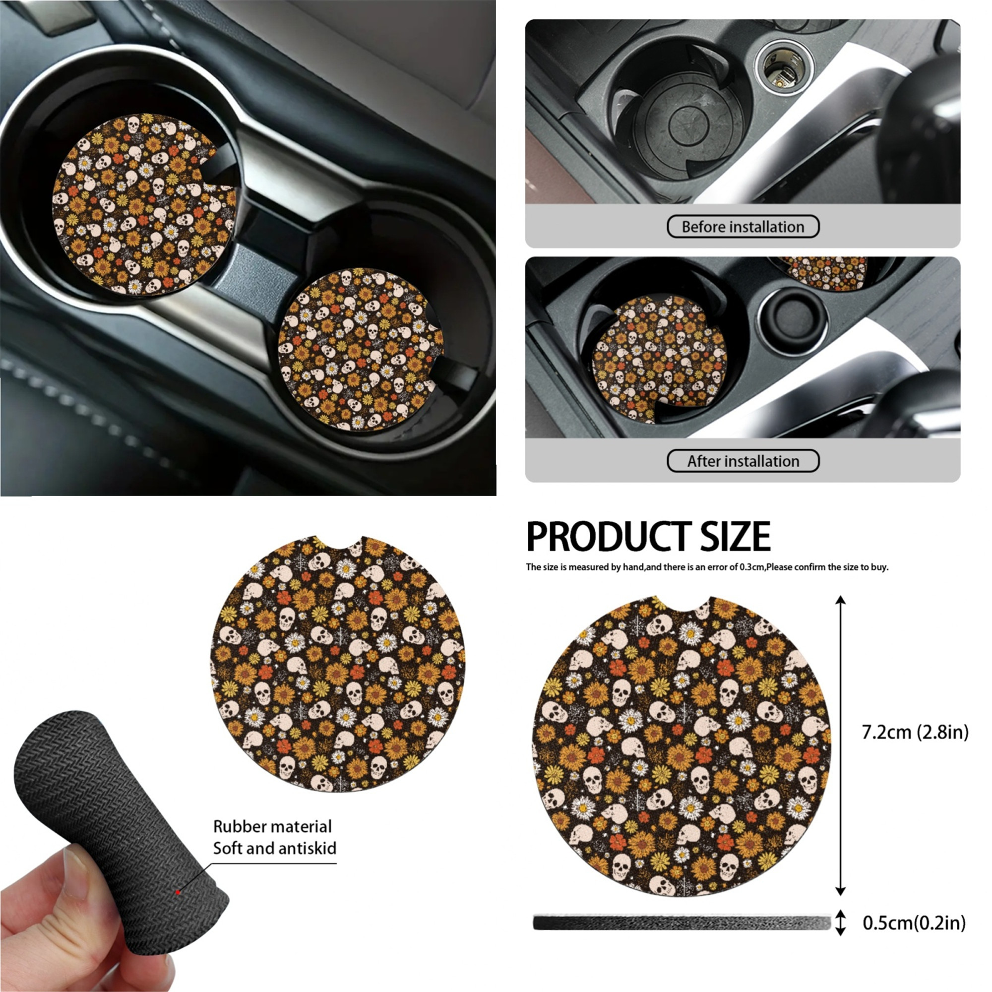 Yuyamidu Skull Car Seat Covers Full Set Daisy Auto Steering Wheel Cover Sunflower Seat Belt Pads Coasters Trash Bin Hanging Storage Bag Cup Holders Rearview Mirror Cover Key Ring 15 PCS