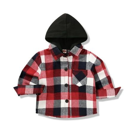 

Younger Tree Kid Toddler Boy Flannel Shirt Baby Long Sleeve Hooded Plaid Button Shirt for 18-24 Months
