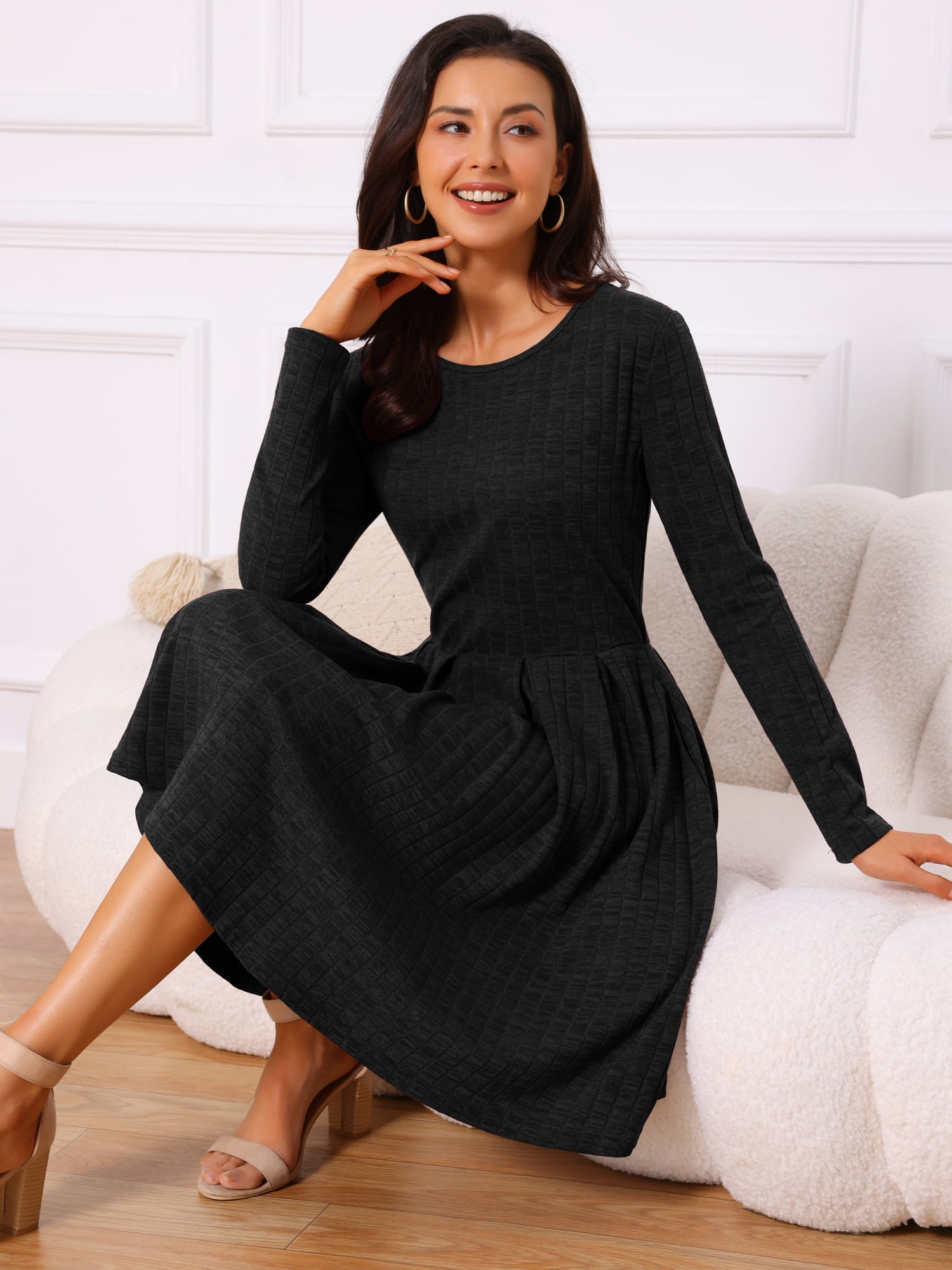 DARING DIVA Long Sleeve Round Neck A- Line Swing Knee Length Dress XL Black