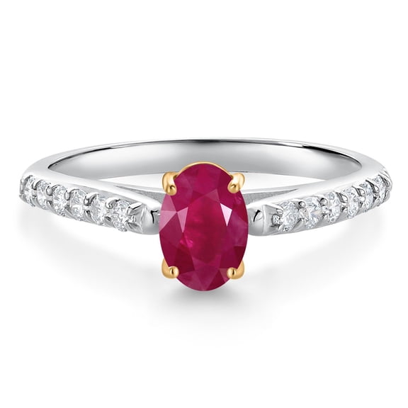Gem Stone King 10K White and Yellow Gold Red Ruby and White Lab Grown Diamond Engagement Ring for Women (1.18 Cttw, Oval 7X5MM, Gemstone July Birthstone, Size 7)