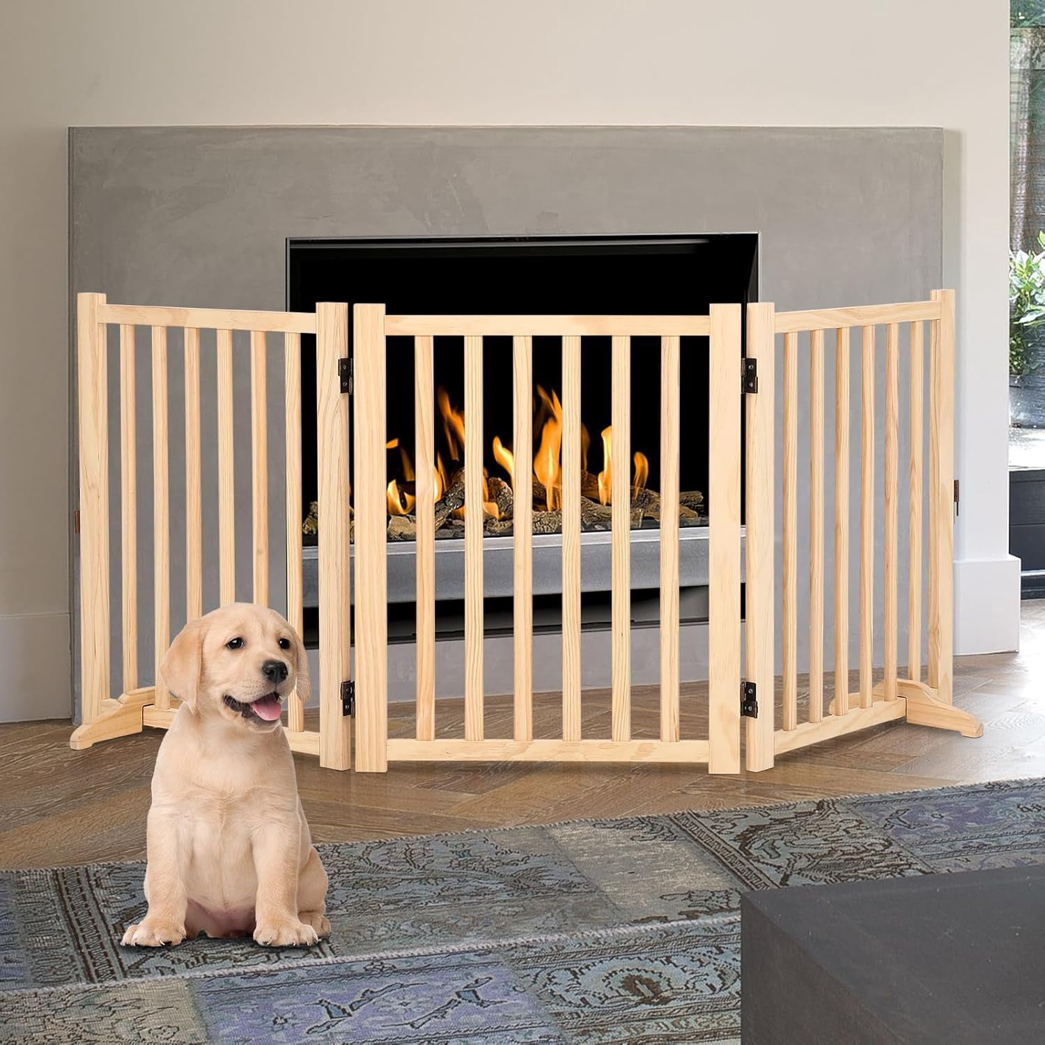 3-Piece 24" Wood Dog Door - Freestanding Pet Door with Non-Slip Pad, No Drilling Required! Hardwood Folding Door for Stairs, Kitchens, Doorways (Natural Wood)