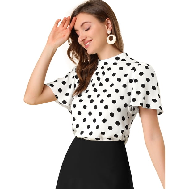 Blusa Corta Manga Acampanada Ojo De Cerradura En La Espalda Plisado Cuello Alto Lunares Top Para Mujer Blanco Negro S Allegra K