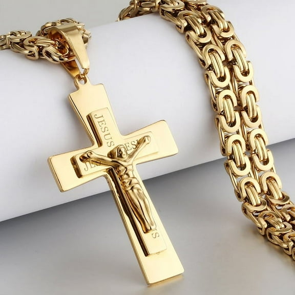 Lordluxury Catholic Jesus Christ Cross Pendant Necklace 14K Yellow Gold Long Byzantine Chain Crucifix Cross Necklace