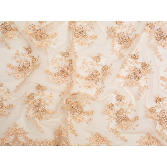 Minerva Beaded Embroidered Tulle Lace Fabric Peach - per yard