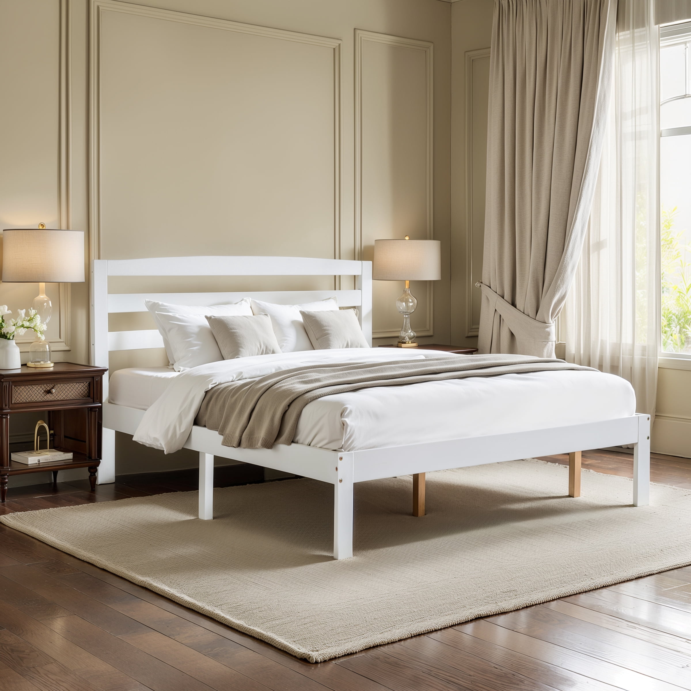 Queen Bed Frame, Wood Bed Platform with Headboard, No Box Spring, White