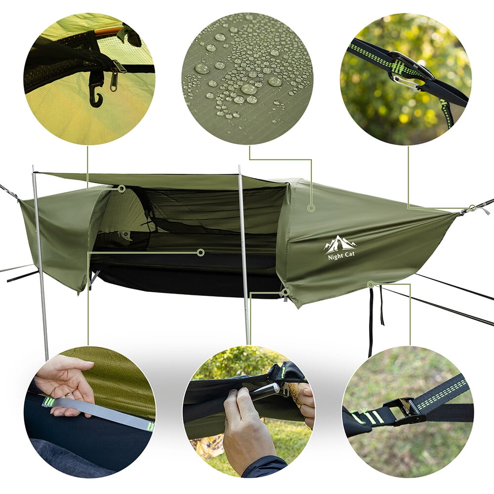 Night Cat Lay Flat Hammock Camping Tent Armygreen 1/2 Person Nylon with Mosquito Net Hanging Bed