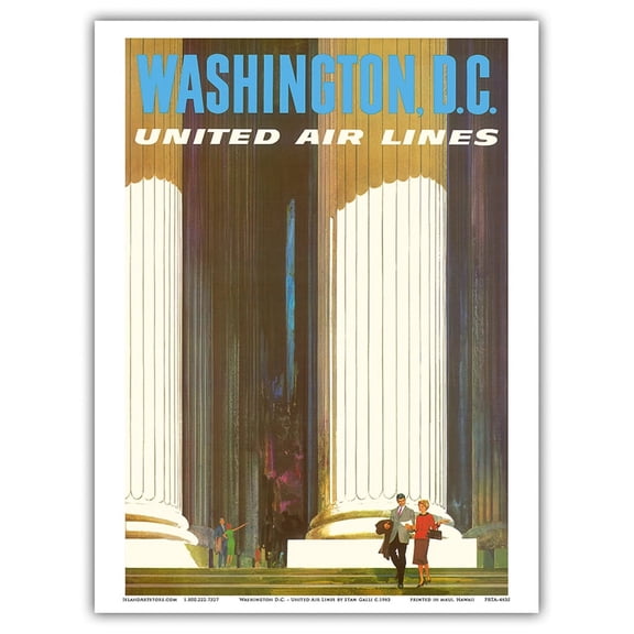 Washington D.C. - Lincoln Memorial - United Air Lines - Vintage Airline Travel Poster by Stan Galli c.1963 - Master Art Print (Unframed) 9in x 12in