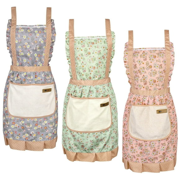 ONEKISS 3Pcs Cute Floral Aprons for Women with Pockets, 2-Pack Cotton Linen Cooking Aprons, One Size Fits Most