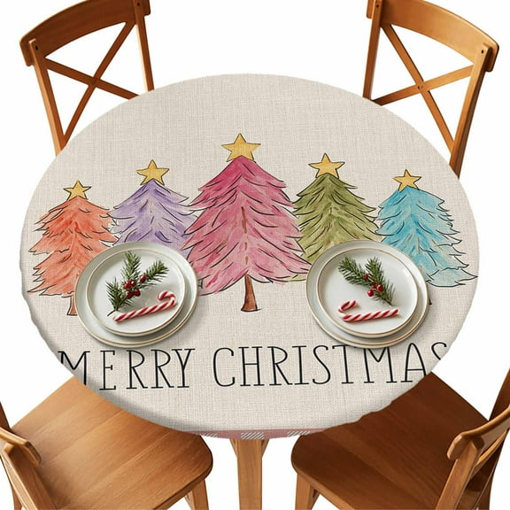 Round Tablecloth Merry Christmas Elastic Edge Fitted Farmhouse Christmas Tree Plastic Table Cover,Waterproof Oil Proof for Dinner,Outdoor, Picnic, 55"- 60" DIA Tables Pink Plaid Purple Blue Green