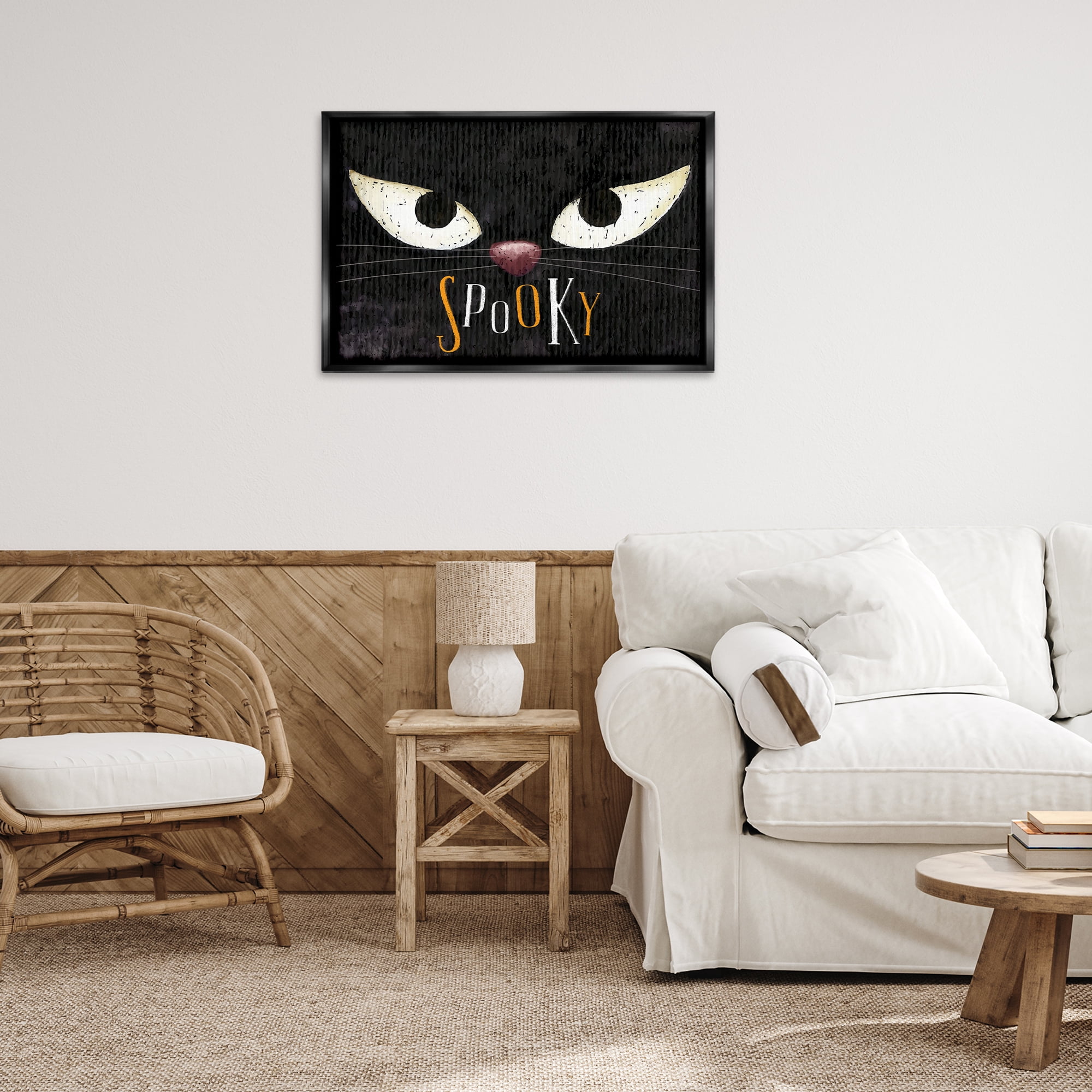 Stupell Industries Spooky Cat Eyes Animals Painting Black Floater Framed Canvas Art Print Wall Art, 31 x 21