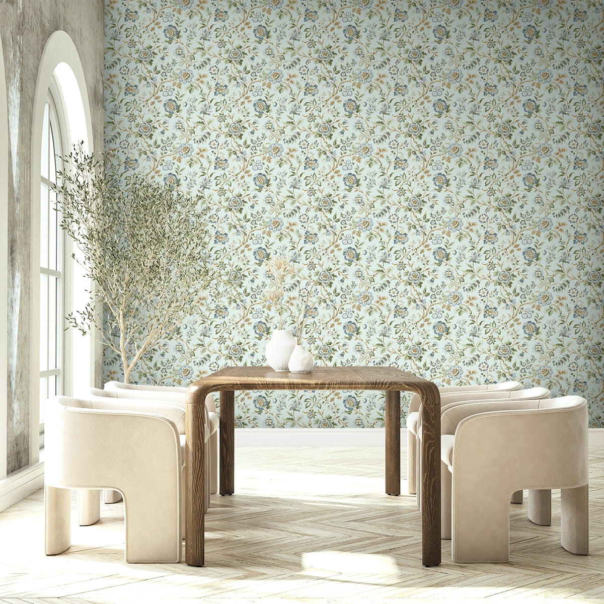 Stacy Garcia Home Sea Mist Jacobean Floral Trail Peel and Stick Wallpaper - 20.5 in. W x 10 ft. L Roll