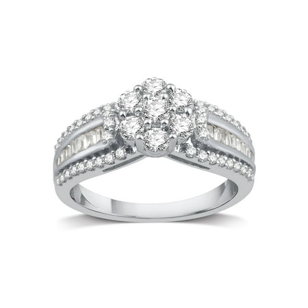 - Amoureux Sterling Silver 1ct TDW Diamond Cluster Engagement Ring - White I-J