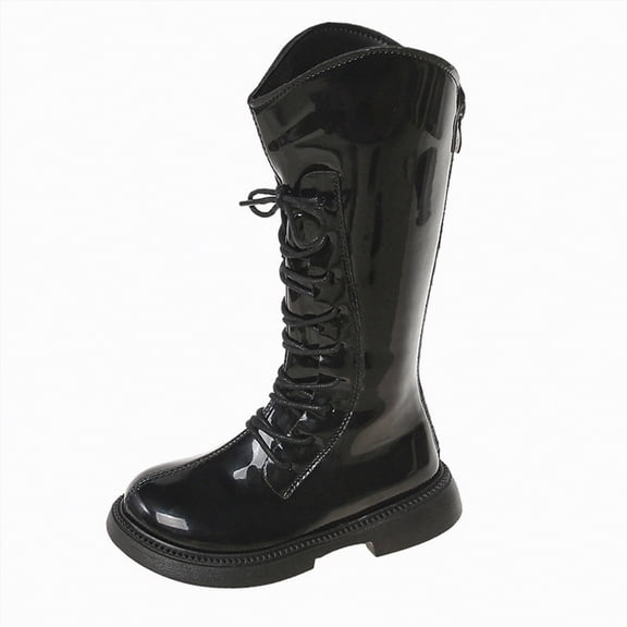 CAICJ98 Boots Girls Lace Up Combat Boots Mid Calf Boots PU Leather Side Zipper Punk Goth Horse Riding Boots for Girls (Toddler/Little Kid/Big Kid),2