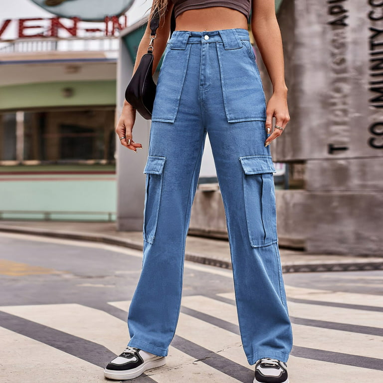 Women'S Casual Pants Women Casual High Waisted Cargo Pants Wide Leg Casual  Denim Trousers Multi Pocket Cargo Jeans