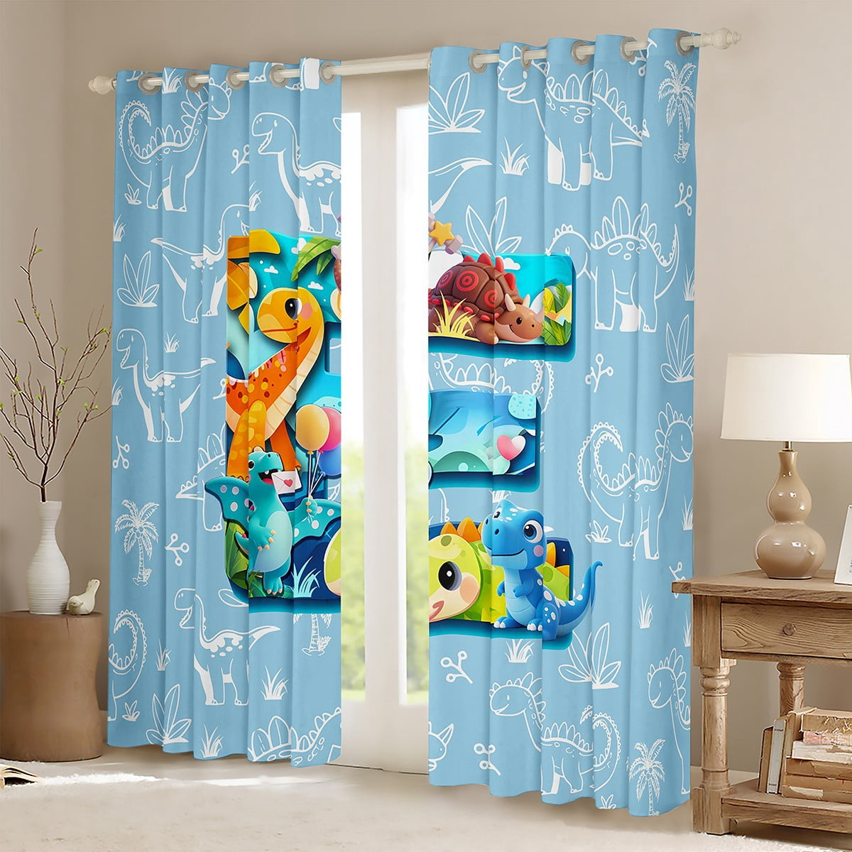Feelyou Initial E Letter Black Out Curtains, Kawaii Dinosaur Curtains Pack of 2 (42x63 Each), Teen Boy Girl Kid Bedroom Curtains, Living Room Curtains Decor