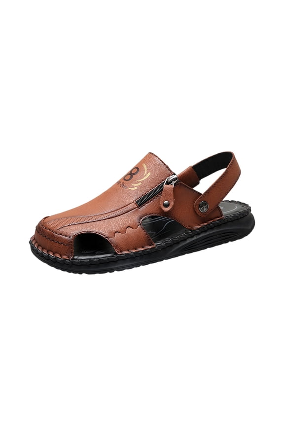 Men's Stylish Leather Hollow Flat Sandals Closed Round Toe Adjustable Strap Zipper Breathable Fisherman Shoes Summer Beach Anti-Slip Sandal for Leisure Work Driving,Light Brown 46(US-11)