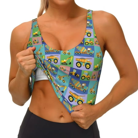 Qokaie Construction Machinery Pattern Womens Scoop Neck Sports Bra Breathable Workout Vest Padded U Back Medium Impact Fitness Gym Yoga Bra Workout Crop Top
